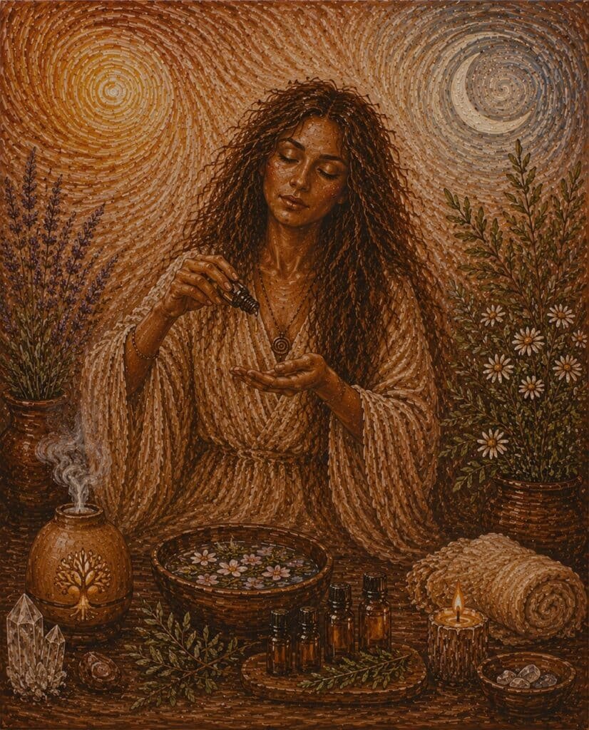 Illustration einer Frau, die ätherisches Öl in ihre Hand tropft, umgeben von einem Diffusor, Pflanzen, Kristallen und einer Kerze, vor einem Hintergrund mit Sonne und Mond.