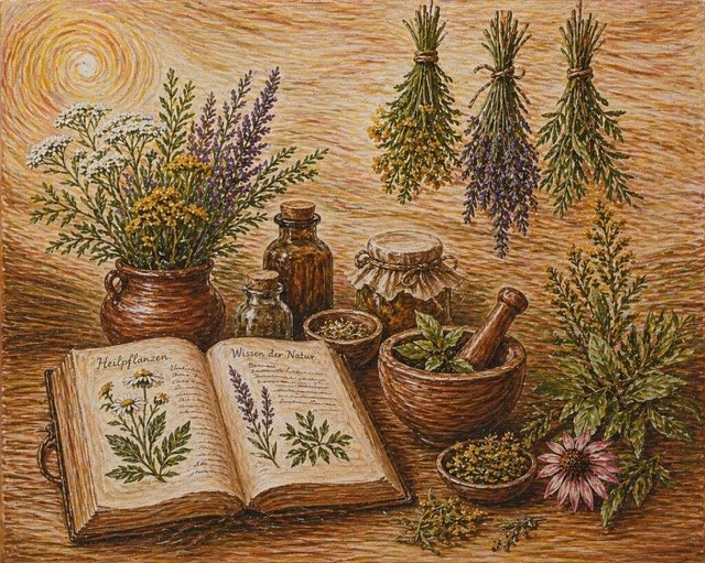Eine detaillierte Illustration eines aufgeschlagenen Buches über Heilpflanzen und Naturwissen, umgeben von frischen und getrockneten Kräutern, Glasflaschen, Mörser und Schalen. Im Hintergrund hängen getrocknete Lavendel- und Kräuterbündel.
