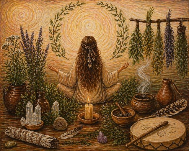 Person in meditativer Pose, umgeben von frischen und getrockneten Heilkräutern, Kristallen, Räucherwerk, einer brennenden Kerze und einer Ritualtrommel auf einem Holztisch.