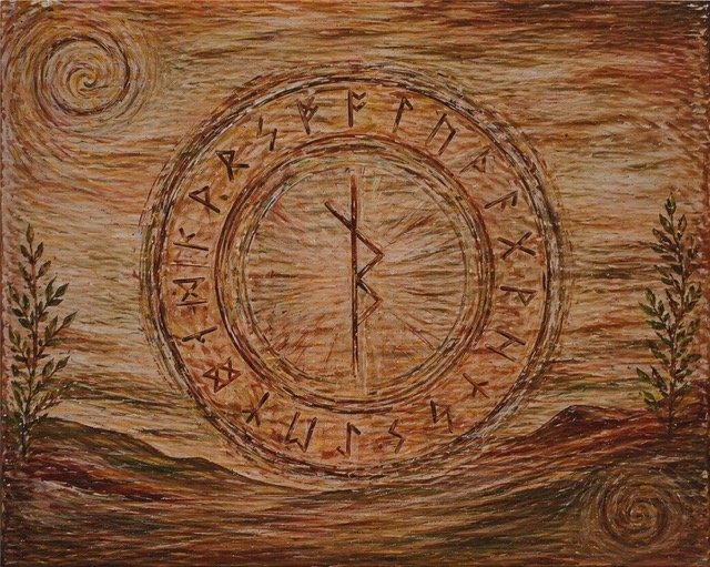Kreisförmige Anordnung von Runen auf einer holzartigen Oberfläche mit feinen Linien und zwei grünen Zweigen an den Seiten. Eine zentrale Rune ist vertikal ausgerichtet.