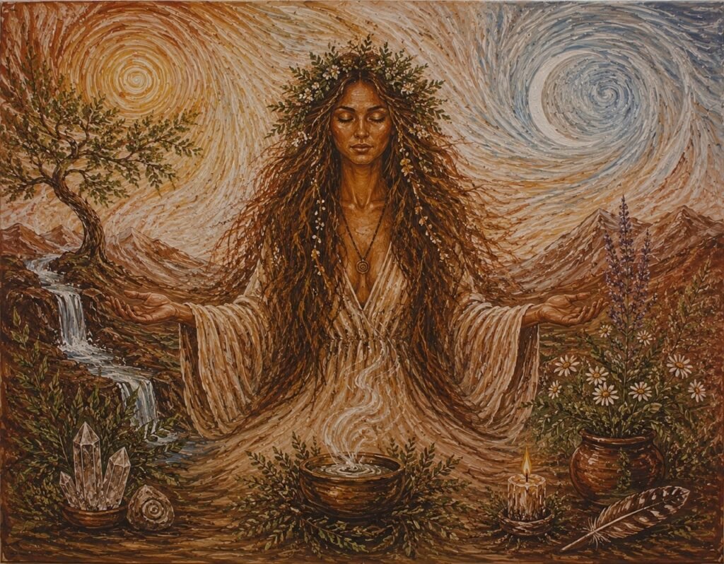 Gemälde einer meditierenden Frau mit Blumenkranz und langen Haaren, umgeben von Naturmotiven wie Baum, Wasserfall, Kristallen, sowie rituellen Elementen wie Räucherschale, Kerze und Kräutern.