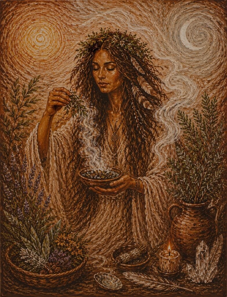 Detailreiches Gemälde einer Frau mit Blumenkranz und langen Haaren, die Kräuter in einer Räucherschale hält. Um sie herum sind Heilpflanzen, eine brennende Kerze, Kristalle, Sonnen- und Mondsymbole.