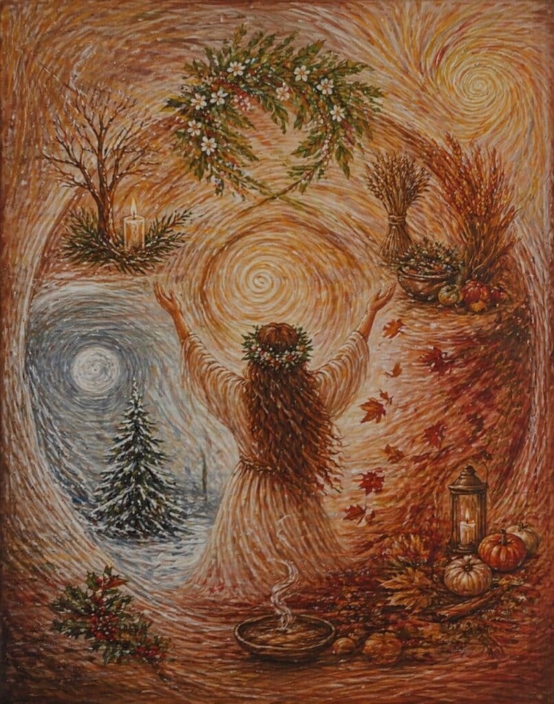 Gemälde einer Frau mit Blumenkranz und erhobenen Armen, umgeben von Darstellungen der vier Jahreszeiten: karger Baum mit Kerze, Blütenkranz, Kürbisse mit Herbstblättern und verschneiter Nadelbaum.