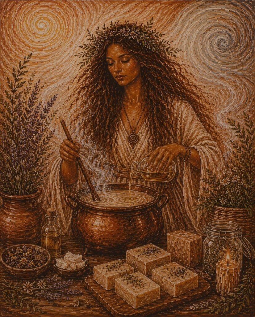 Illustration einer Frau mit Blumenkranz, die in einem Kupfertopf rührt und Flüssigkeit hinzugießt, umgeben von Kräutern, Ölen und handgesiedeten Seifenstücken. Darstellung von traditionellem Seifensieden.